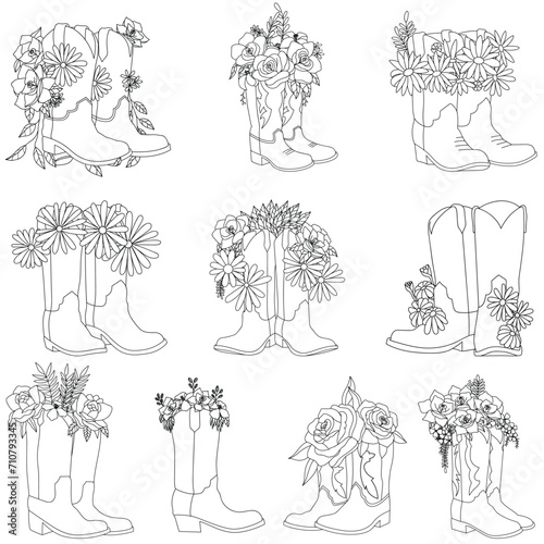 Cowgirl boots with flowers element. Cowboy boots floral illustration.