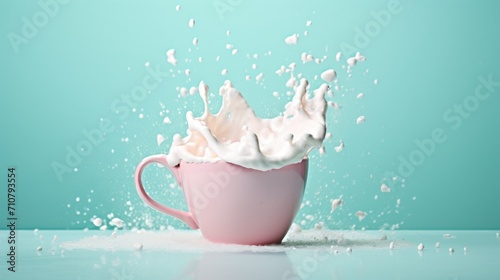  a pink cup filled with whipped cream on top of a blue table next to a bottle of milk and sprinkles of milk.
