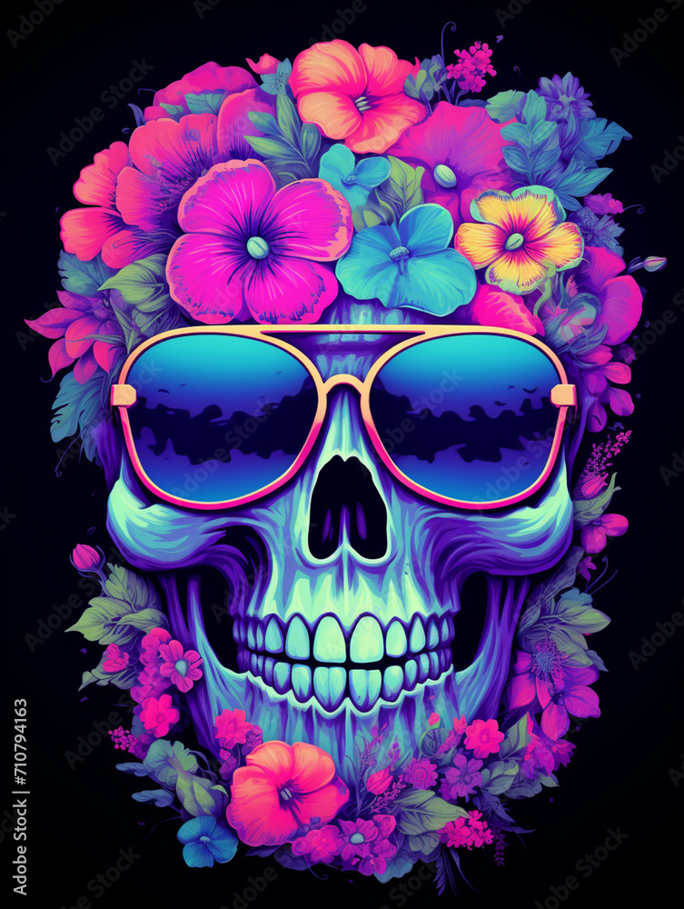 t-shirt design, a skull with sunglasses and flowers painted on it, in the sty created with Generative Ai t-shirt design, a skull with sunglasses and flowers painted on it, in the sty created with Generative Ai