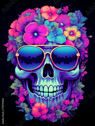 t-shirt design  a skull with sunglasses and flowers painted on it  in the sty created with Generative Ai
