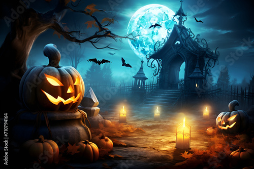 halloween night sceen scary haunted house pumkins jack-o-lanterns background cinematic,Halloween background with pumpkins and cemetery, 3d render illustration


