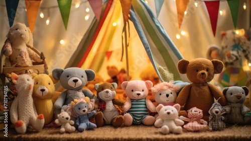 a group of stuffed animals sitting next to each other in front of a tent with lights on the side of it.