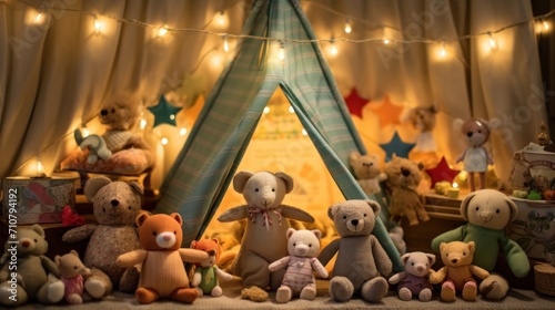  a group of teddy bears sitting next to each other in front of a tent with a string of lights on it.