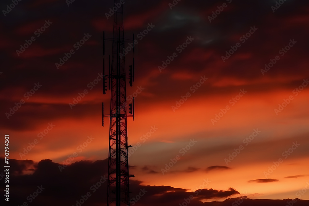 Antenna communication technology with city background. Communication tower connect to data of smart city. Telecommunication 5G. Neural network AI generated art