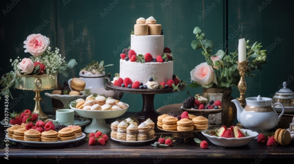  a table topped with cakes and desserts next to a cup of tea and a teapot filled with flowers.