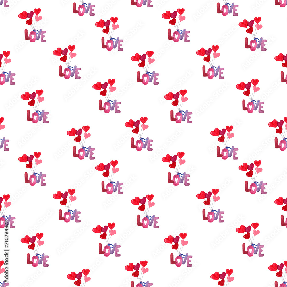 Bright seamless pattern with romantic elements watercolor for Valentine’s day hearts and inscription love on a white background