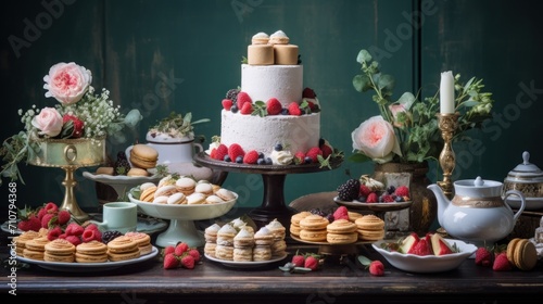  a table topped with cakes and desserts next to a cup of tea and a teapot filled with flowers.