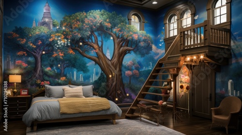  a child's bedroom with a tree mural on the wall and a staircase leading up to the second floor.