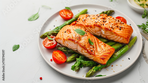 Sesame Salmon with Asparagus and Tomatoes. Healthy Diet, Weight Loss Recipe, Delicious Modern Cuisine. Omega-3 Rich Salmon, Nutrient-Packed Asparagus on a pastel background with a copy space