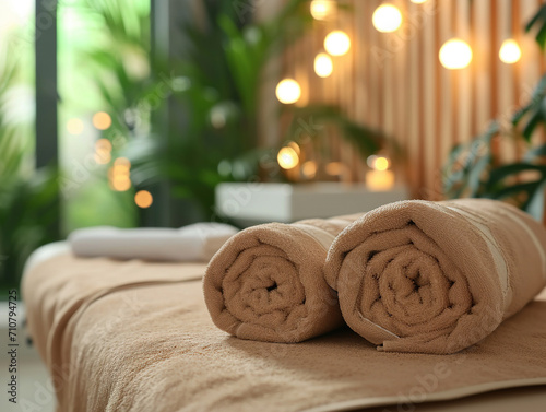 Spa composition towel on massage table in wellness