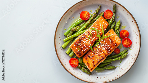 Sesame Salmon with Asparagus and Tomatoes. Healthy Diet, Weight Loss Recipe, Delicious Modern Cuisine. Omega-3 Rich Salmon, Nutrient-Packed Asparagus. Flat-lay on a pastel background with a copy space