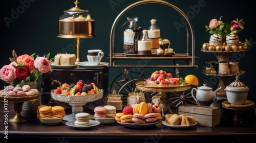  a variety of pastries and desserts on a table in front of a teapot and a tea kettle.