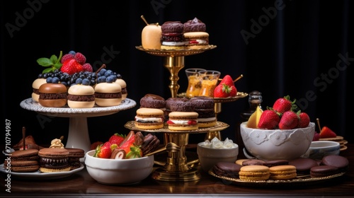  a variety of desserts and pastries are on display on a table with a black curtain in the background.