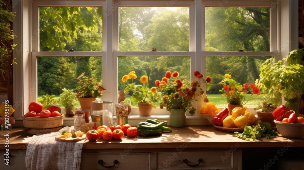 a window sill filled with lots of different types of fruits and vegetables next to a window sill filled with potted plants. a window sill filled with lots of different types of fruits and vegetables next to a window sill filled with potted plants.