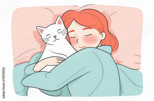 Little girl sleeping with cute cat. Friends animal concept.