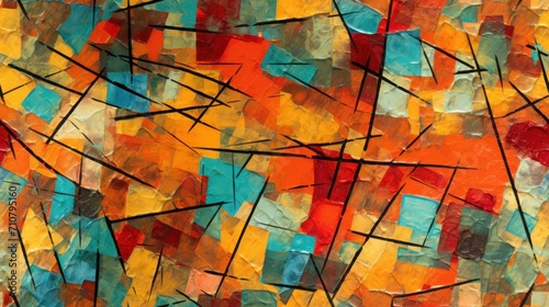  a painting with many different colors of paint and black lines on the bottom of the painting and the bottom of the painting is orange, blue, yellow, red, orange, yellow, and green, and red.