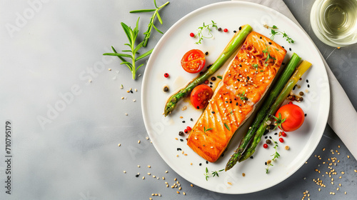Sesame Salmon with Asparagus and Tomatoes. Healthy Diet, Weight Loss Recipe, Delicious Modern Cuisine. Omega-3 Rich Salmon, Nutrient-Packed Asparagus. Flat-lay on a pastel background with a copy space