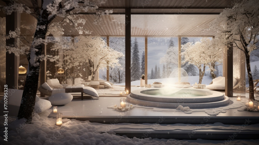  a room with a fountain in the middle of the room and a lot of snow on the ground in front of it.