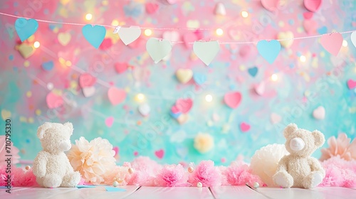 A Valentine's display on a pastel-colored backdrop with paper heart garlands, colorful confetti, and small, fluffy teddy bears.