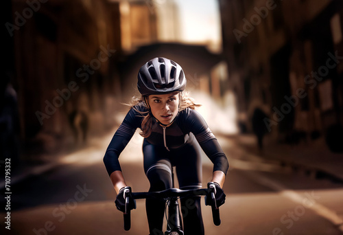 Eine Frau fährt mit dem Fahrrad durch die Stadt photo