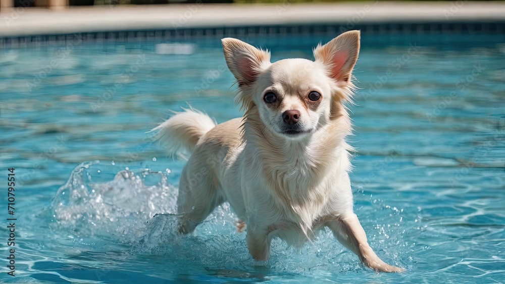 Cream long coat chihuahua dog in the swimming pool