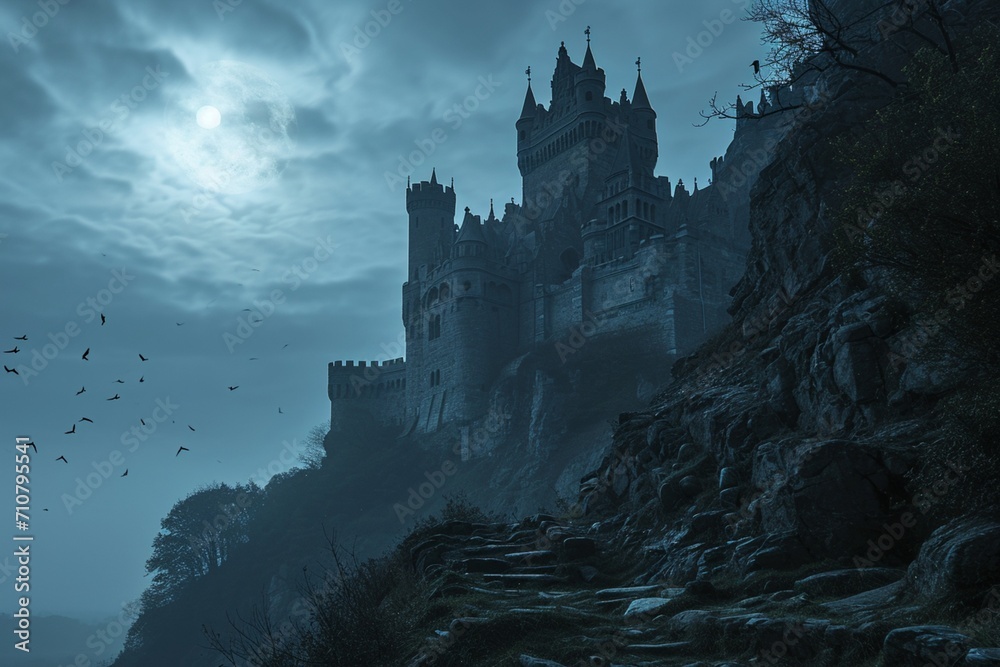 A moonlit castle with neon ghost white veins in the stone walls and towers,