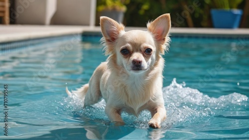 Cream long coat chihuahua dog in the swimming pool © QuoDesign