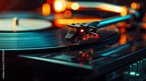 Turntable plays vinyl, high contrast and motion blur. Music banner photo