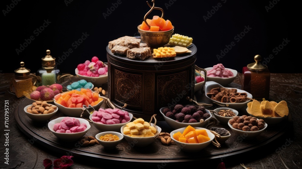  a table topped with lots of bowls filled with different types of candies and desserts on top of a wooden table.