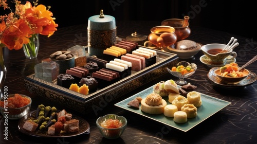  a table topped with a tray filled with different types of desserts and candies next to a vase of flowers.