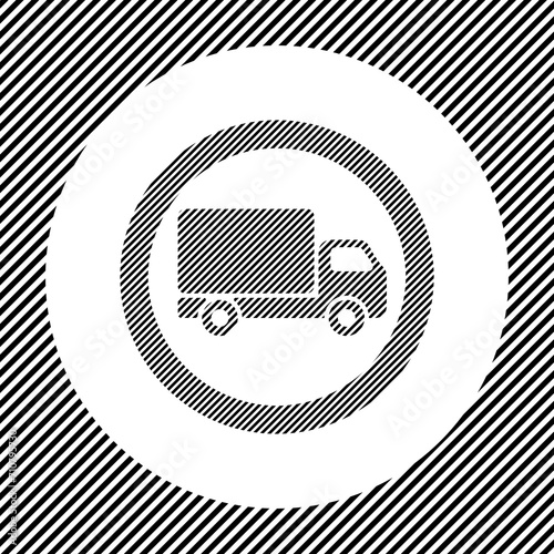 A large truck traffic sign in the center as a hatch of black lines on a white circle. Interlaced effect. Seamless pattern with striped black and white diagonal slanted lines