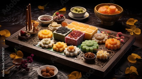 a tray filled with lots of different types of food next to bowls of fruit and dips on a table.