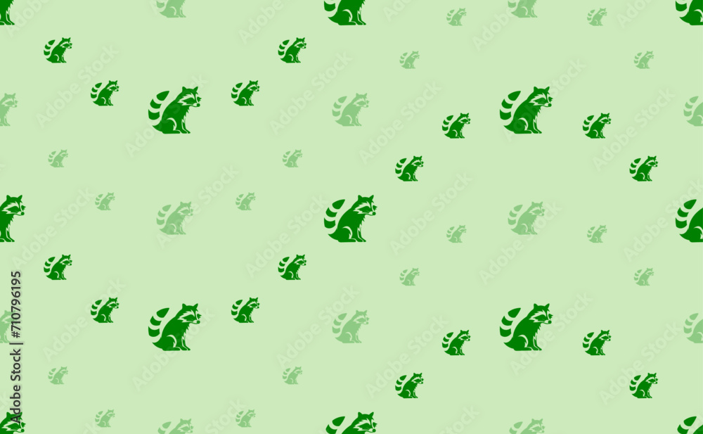 Seamless pattern of large and small green raccoon symbols. The elements are arranged in a wavy. Vector illustration on light green background Seamless pattern of large and small green raccoon symbols. The elements are arranged in a wavy. Vector illustration on light green background