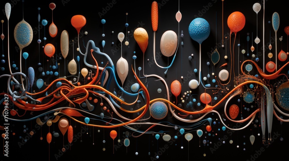  a painting of a black background with orange, blue, and white balls and streamers hanging from the ceiling.