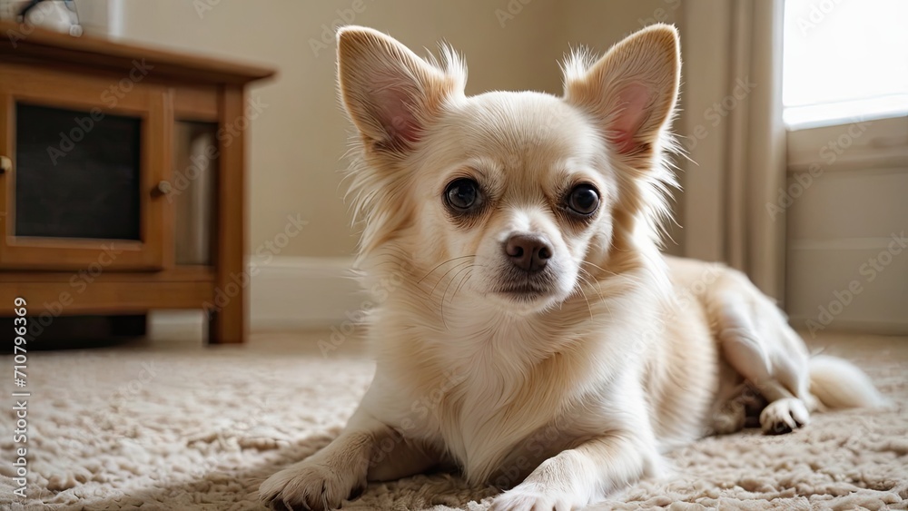 Cream long coat chihuahua dog laying on the floor indoor Cream long coat chihuahua dog laying on the floor indoor