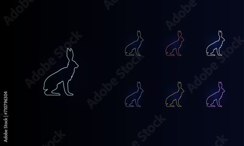 A set of neon hare symbols. Set of different color symbols, faint neon glow. Vector illustration on black background