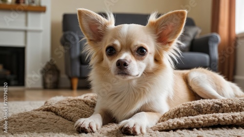 Cream long coat chihuahua dog laying on the floor indoor