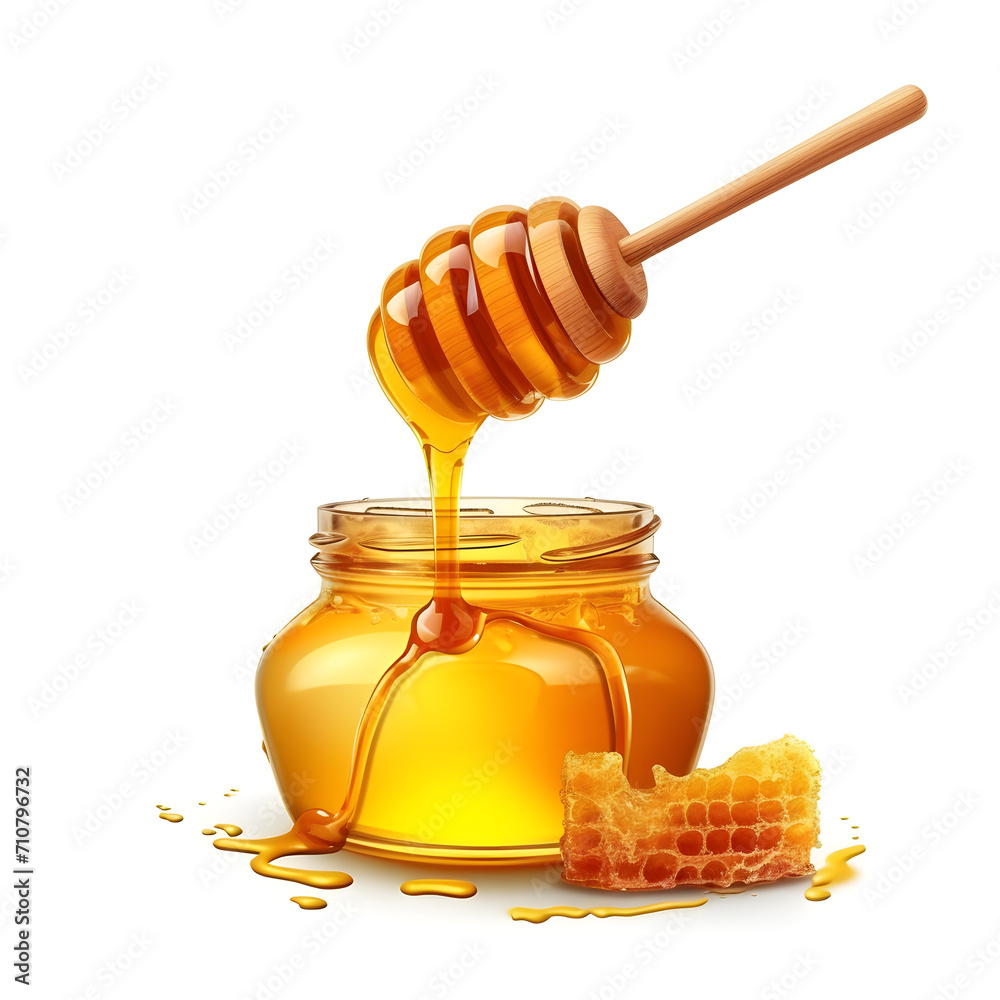 A jar full of honey and a wooden spoon A jar full of honey and a wooden spoon