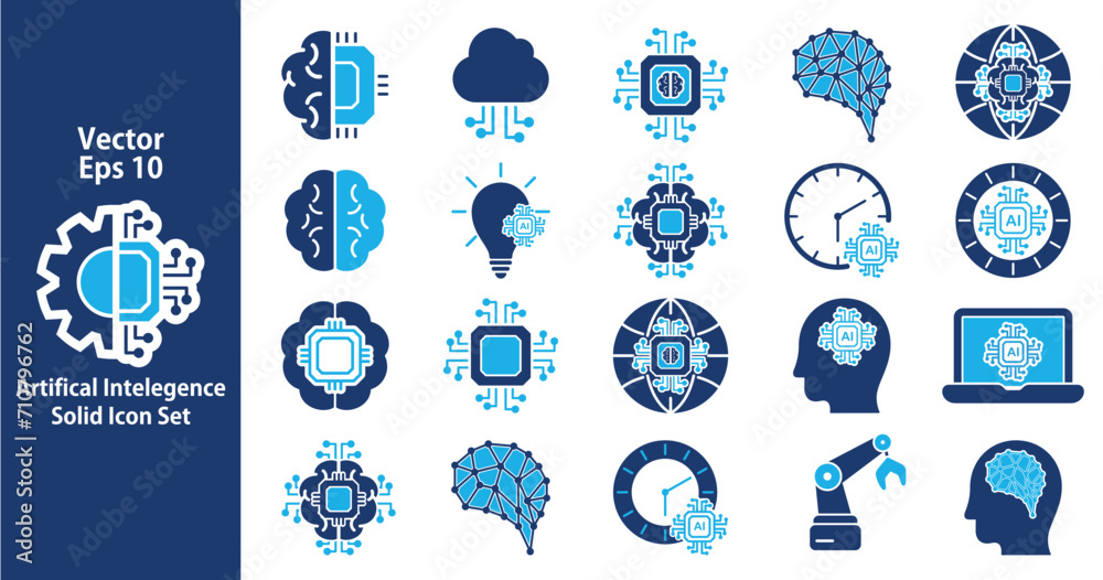 Collection of artificial intelligence Icon designs. AI technology icon. Machine learning, digital AI technology, algorithm, cloud computing network, Solid Icons set in trendy style