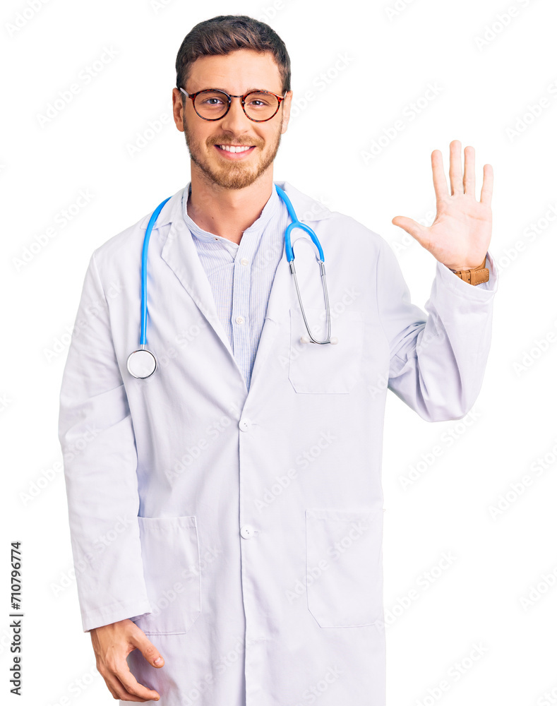 Handsome young man with bear wearing doctor uniform showing and pointing up with fingers number five while smiling confident and happy. Handsome young man with bear wearing doctor uniform showing and pointing up with fingers number five while smiling confident and happy.