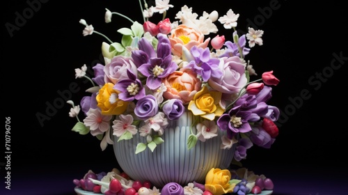  a vase filled with lots of colorful flowers on top of a blue and white plate on top of a table.