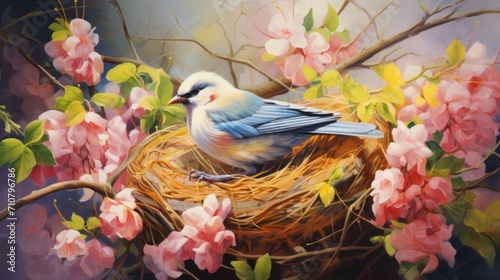  a painting of a bird sitting in a nest on a branch of a tree with pink flowers in the background. © Olga