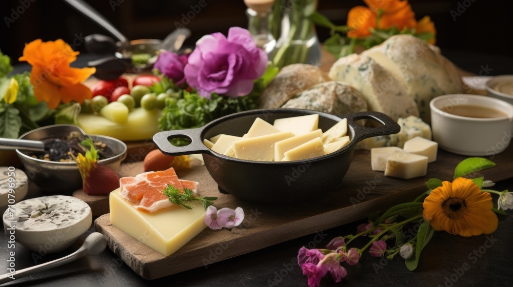 a wooden cutting board topped with lots of different types of cheese next to a bowl of fruit and a cup of coffee. a wooden cutting board topped with lots of different types of cheese next to a bowl of fruit and a cup of coffee.