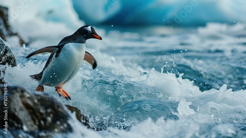 A penguin slides on the water  cold nature. Created with Generative Ai technology