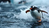 A penguin slides on the water, cold nature. Created with Generative Ai technology