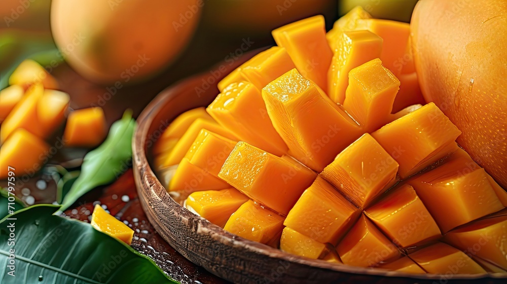 Closeup of Diced mango organic fresh, Indian Bangladeshi Tropical summer season fruit Closeup of Diced mango organic fresh, Indian Bangladeshi Tropical summer season fruit