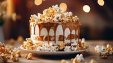  a cake with caramel drizzled on top of it sitting on a plate with popcorn scattered around it.