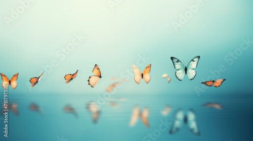  a group of butterflies flying over a body of water with the word love spelled out in the middle of the picture.