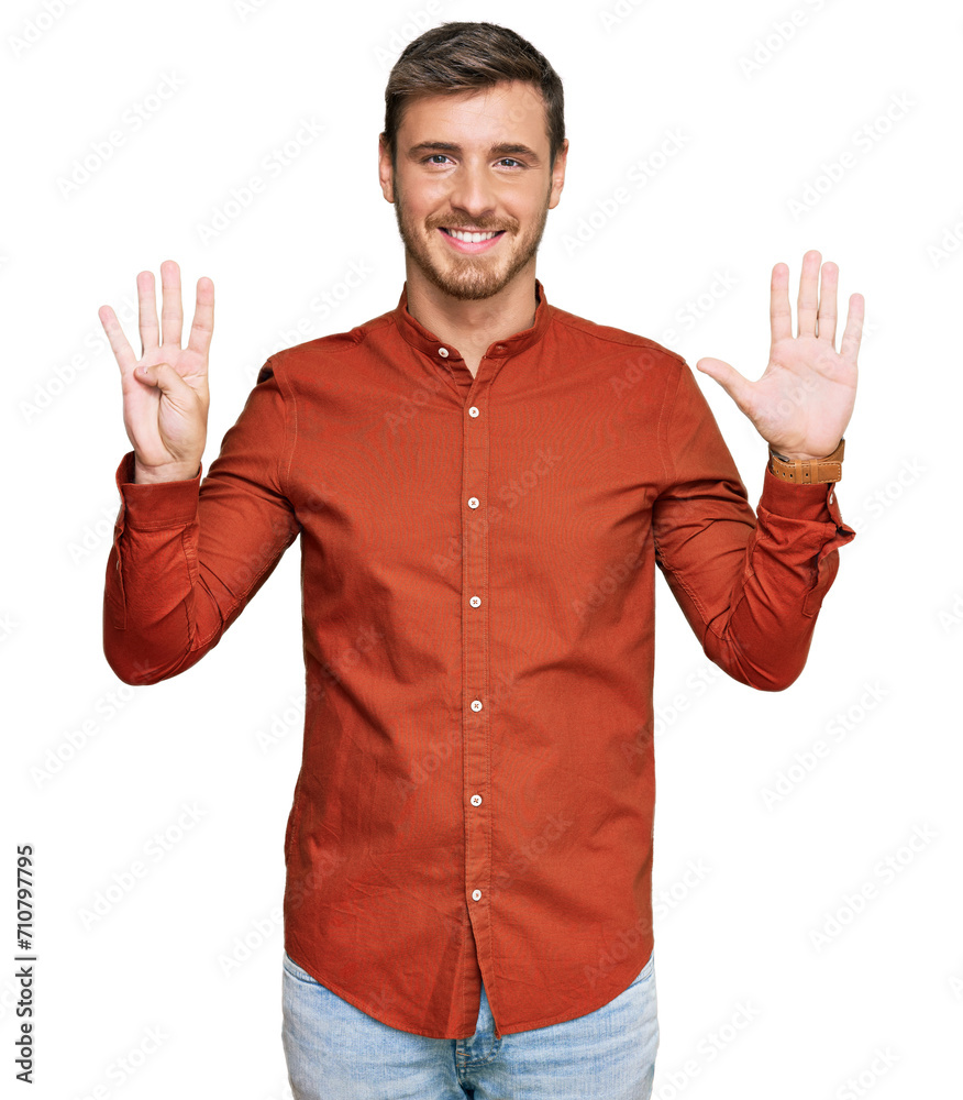 Handsome caucasian man wearing casual clothes showing and pointing up with fingers number nine while smiling confident and happy. Handsome caucasian man wearing casual clothes showing and pointing up with fingers number nine while smiling confident and happy.