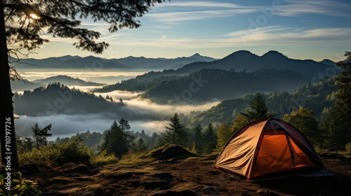  a tent set up on top of a mountain with a view of a valley and mountains in the distance with fog in the air.